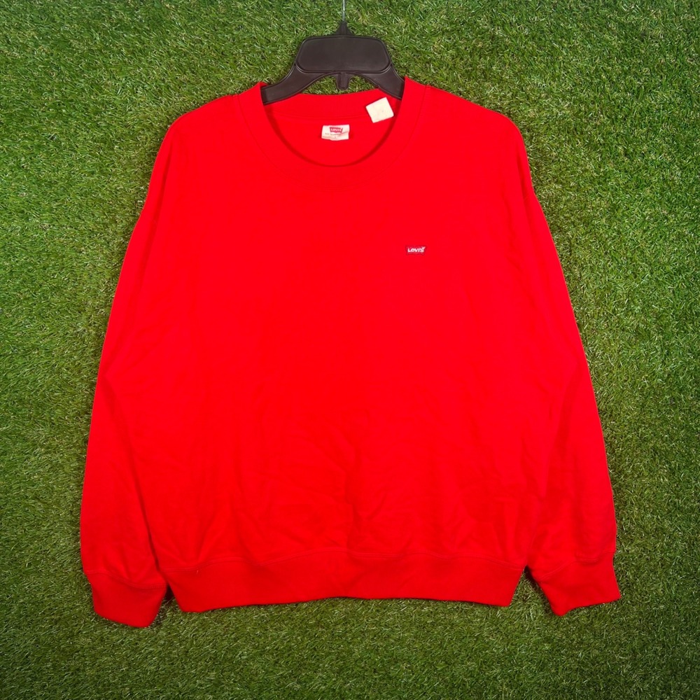 Levis Mens Large Red Crewneck Sweatshirt Long Sleeve Fleece Pullover Logo